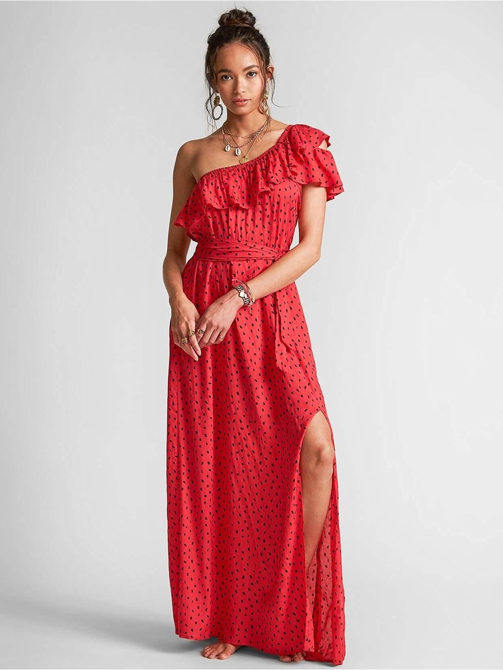 Billabong Sincerely Jules Your Side Red Maxi Dress with Black Dot Print